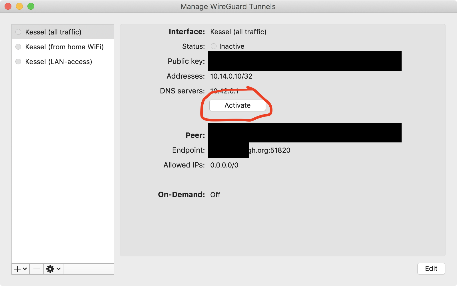 Connection dialog, inactive